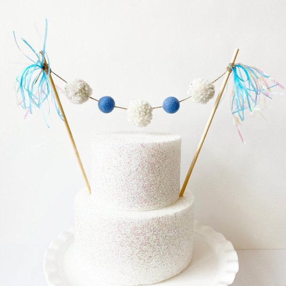 Blue Pom Pom Felt Ball Cake Topper, Birthday Cake Topper for Boys, Party Decor - Picture 1 of 5